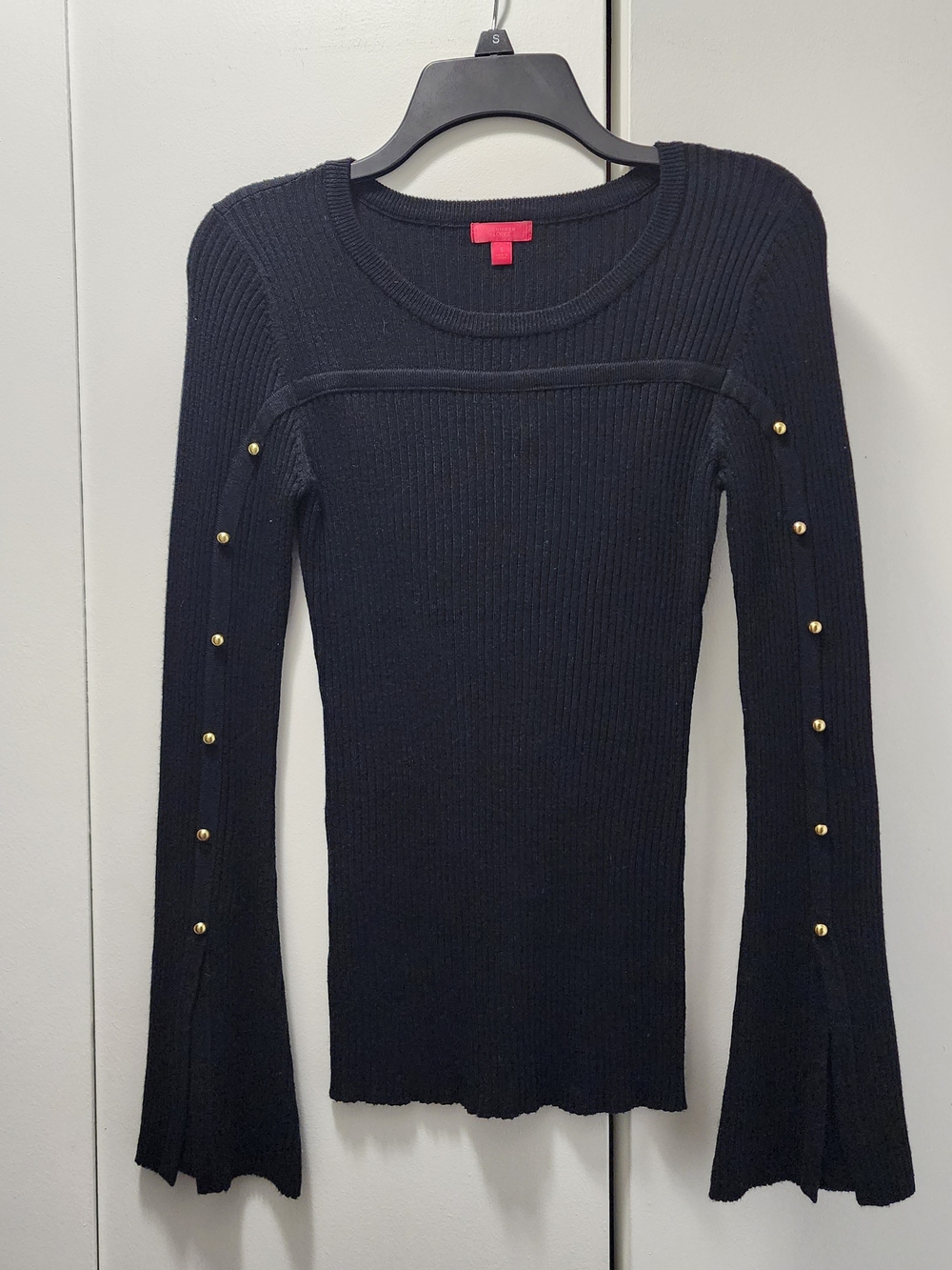 Jennifer Lopez Black Ribbed Long-Sleeve Top with Gold Button Trim